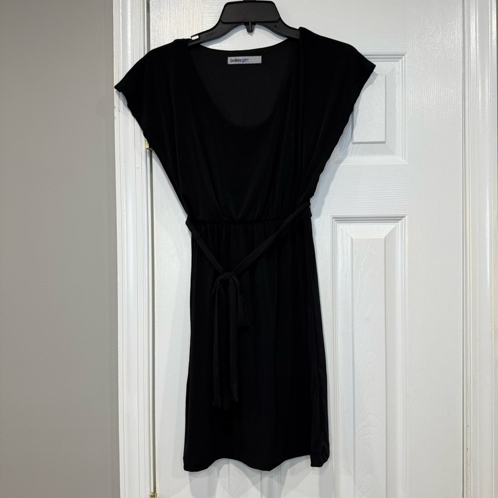 Bailey Girl Sleek Little Black Dress Tie Waist Mini Draped Sleeve Black XS